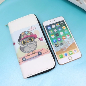 White PU leather owl wallet with zipper and smartphone for size reference overview