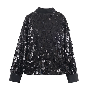 Elegant black long-sleeve party shirt with shiny round sequins and classic collar