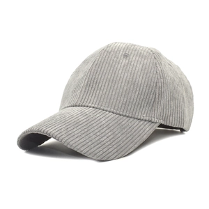 Classic grey corduroy baseball cap with a vintage six-panel design on a white background