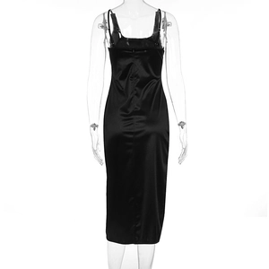 Detailed back view of a black satin midi dress featuring a hidden zipper and thin straps