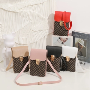 Women PU Leather Crossbody Phone Bag Monogram Print Metal Lock Adjustable Strap Daily Casual Vertical Shoulder Purse
