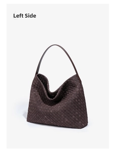 Left side detail of dark brown woven leather hobo tote showing premium texture