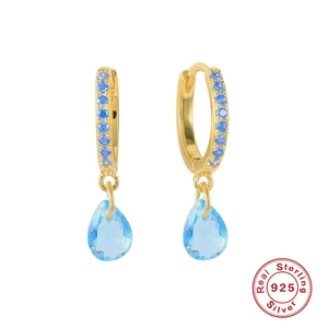 925 sterling silver gold-plated geometric teardrop earrings with blue crystals