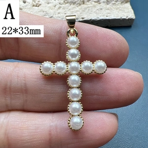 Golden cross pendant with white pearls, size 22x33mm, elegant jewelry accessory
