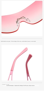 Dettagli di occhiali da sole rosa senza montatura con naselli e aste ergonomiche
