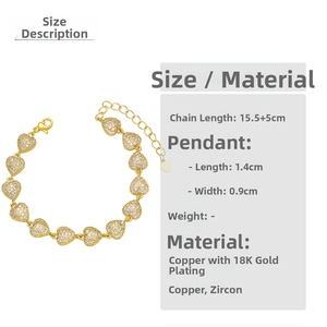 Detailed size chart for 18K gold plated heart bracelet with zircon pavé dimensions