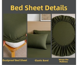 Detail of olive green fitted sheet with 360 elastic band and all-around mattress coverage