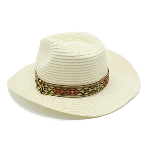 Western style straw cowboy hat in ivory white with ethnic geometric pattern band