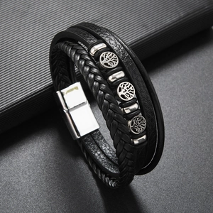 Bracelet multicouche en cuir tressé noir arbre de vie avec fermoir magnétique argenté