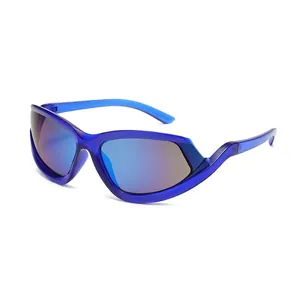 Fashionable sports sunglasses with blue translucent frames and purple mirrored lenses
