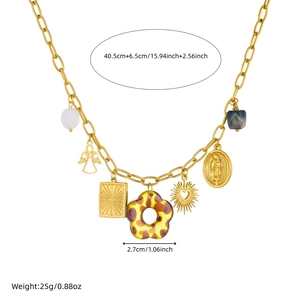 Gold multi-pendant necklace with acrylic leopard flower and vintage embossed charms