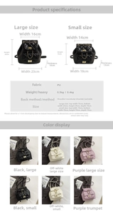 Size guide for quilted faux leather mini backpacks with chain straps in three colors