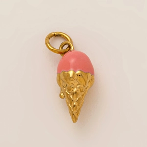 Detail view of 18K gold-plated ice cream cone pendant with pink enamel finish