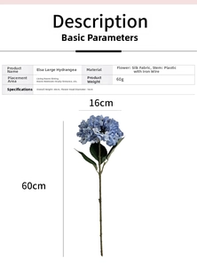 Detailed size specifications of realistic 3D blue hydrangea faux silk flower stem