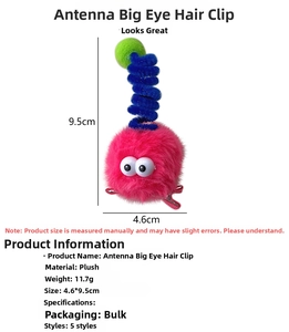 Detail showing dimensions of the pink plush antenna hair clip with funny big eyes