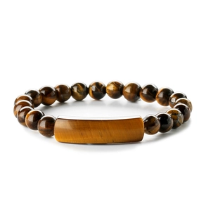 Natural tiger eye stone beaded stretch bracelet with curved focal plate on white background