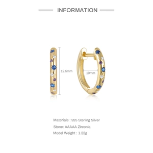Detail view of 925 silver gold-plated hoop earrings with multi-color zircon stones