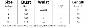 Detailed size guide table for women's ruffle trim dress showing bust and length metrics