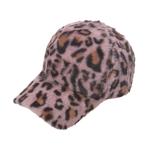 Stylish pink leopard print faux fur baseball cap with fluffy texture for fashion