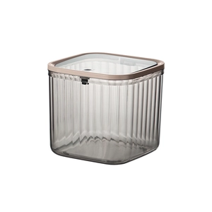 Transparent airtight square food storage jar with vertical ribbed texture and gray lid