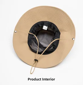 Internal view of sun hat showing breathable black mesh lining and adjustable wind cord