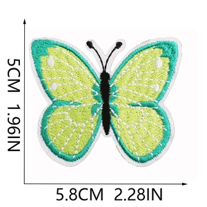 Close-up of green and white butterfly embroidery patch with size dimensions 5.8cm x 5cm