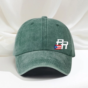 Dark green washed cotton baseball cap with PR lettering and Puerto Rico flag design