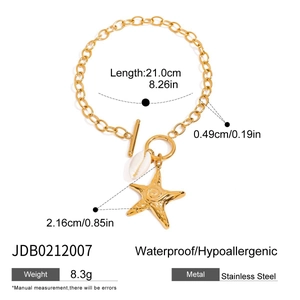 Detailed size chart for 18K gold stainless steel starfish and shell charm bracelet
