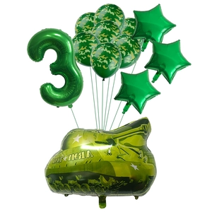 Army tank theme 3rd birthday balloon set with green tank and camouflage latex balloons