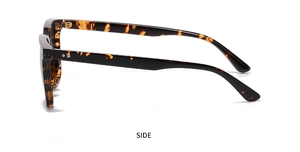 Side view detail of tortoiseshell square sunglasses featuring metal rivets on temples