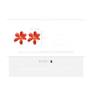 Detailed view of red acrylic flower earrings with silver pins and size specifications