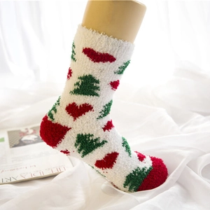 Thick Christmas coral fleece socks with red hearts and green tree patterns for winter