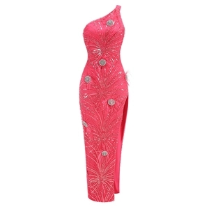 Close-up of pink evening gown featuring silver sequins, diamond flowers and feather trim