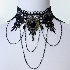 Gothic black lace choker necklace with dark gemstone and metallic chain pendants