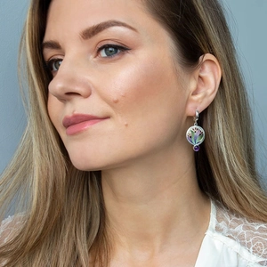 Luxury silver flower earrings with purple enamel and round dangling amethyst gemstones