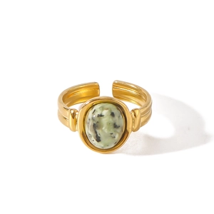 Vintage gold adjustable stainless steel ring featuring a natural oval agate gemstone
