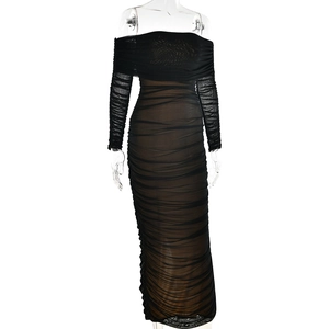 Detail of off-shoulder mesh dress showing ruched texture and long sleeves in black