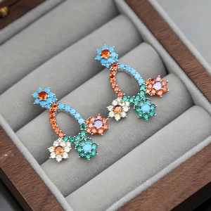 Luxurious bohemian floral drop earrings with vibrant multi-colored crystals and zircons
