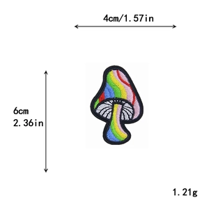 Rainbow mushroom embroidered patch measuring 4x6cm with detailed size indicators