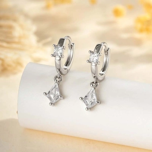 Square Zircon Pendant Hoop Earrings Alloy Silver Plated Geometric Minimalist INS Style Unisex Jewelry