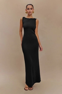 Slim fit black sleeveless long dress with crossover ruched detail and an open back