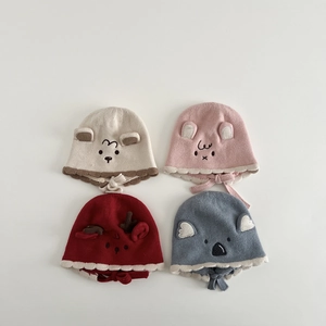 Winter knitted baby earflap hats with cute animal embroidery and soft cotton lining