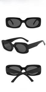 Detailed views of vintage square black sunglasses from front, side, and back angles