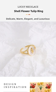 Detail of adjustable gold tulip ring with oval shell inlay and floral relief design