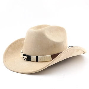 Detail view of khaki western cowboy hat with bohemian shell and woven leather band decor