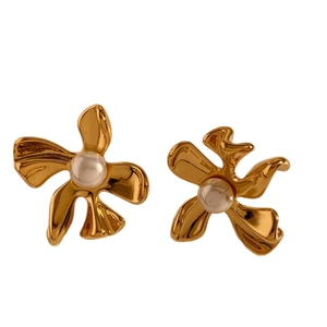 Golden irregular flower stud earrings with central white pearl on a clean white background