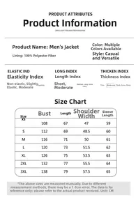 Men's winter fleece hooded jacket size chart with measurements from XS to 3XL in CM