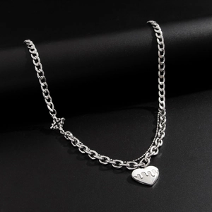 Silver layered heart pendant necklace with cuban chain and cross detail for men