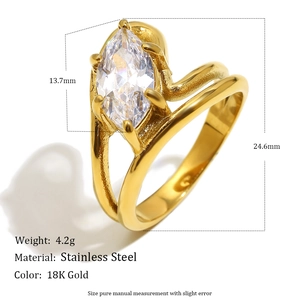 Double-layer 18K gold plated stainless steel ring with large marquise zircon stone