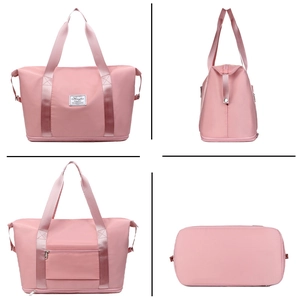 Pink large capacity foldable travel bag showing front side back and bottom views
